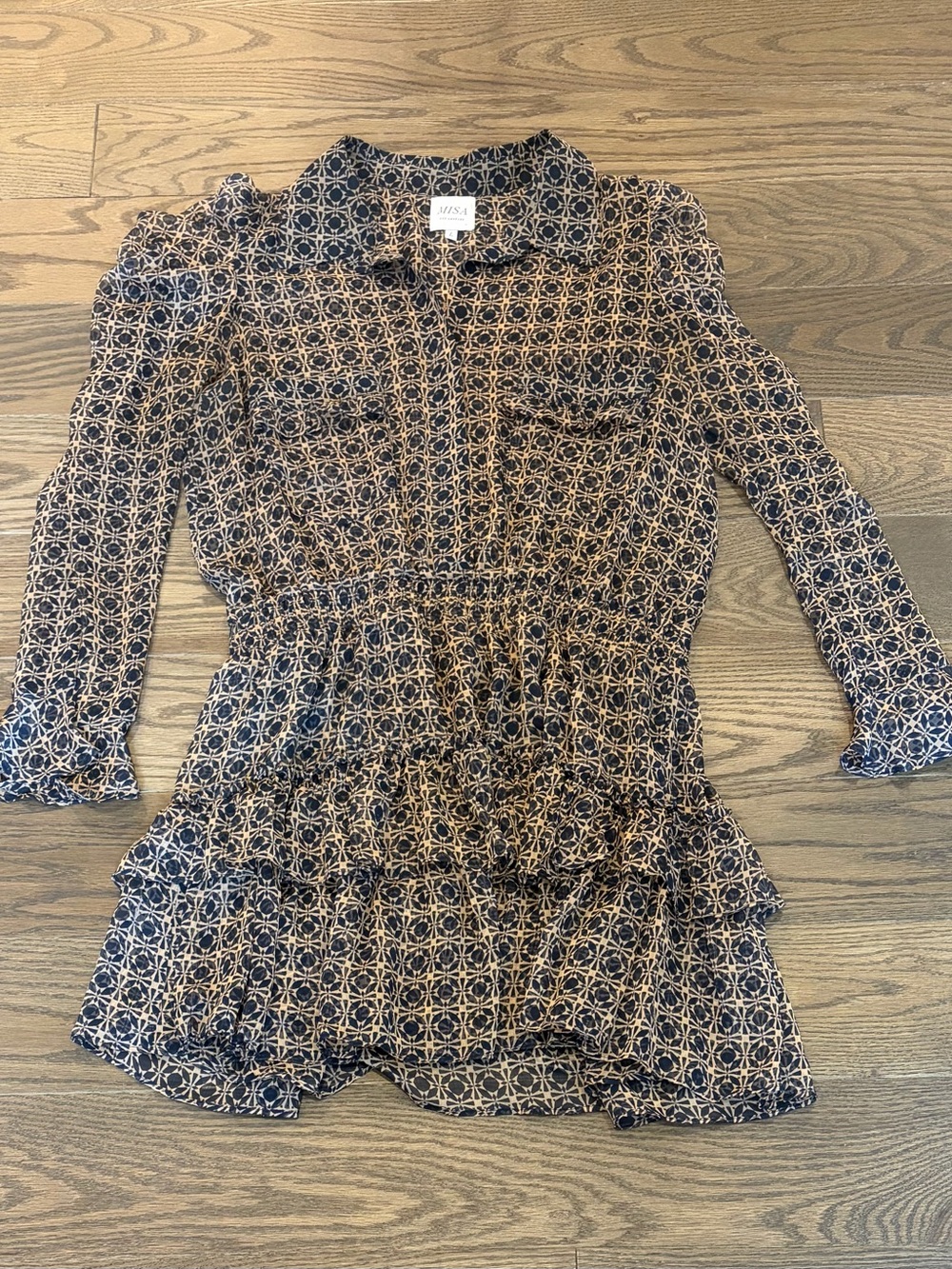 MISA Los Angeles Medallion Print Ruffle Mini Shirt Dress sz L Smocked Waist Boho